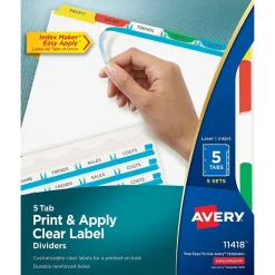 Avery Index Maker Paper Dividers with Print & Apply Label Sheets, 5 Tabs, Multicolor, 5 Sets/Pack (11418)