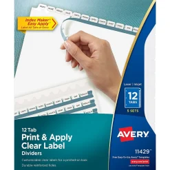 Avery Index Maker Paper Dividers with Print & Apply Label Sheets, 12 Tabs, White, 5 Sets/Pack (11429)