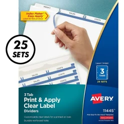 Avery Index Maker Paper Dividers with Print & Apply Label Sheets, 3 Tabs, White, 25 Sets/Pack (11445)