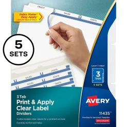 Avery Index Maker Paper Dividers with Print & Apply Label Sheets, 3 Tabs, White, 5 Sets/Pack (11435)
