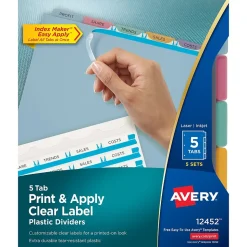 Avery Index Maker Plastic Dividers with Print & Apply Label Sheets, 5 Tabs, Multicolor, 5 Sets/Pack (12452)