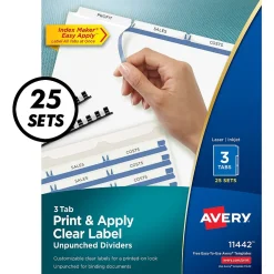 Avery Index Maker Unpunched Paper Dividers with Print & Apply Label Sheets, 3 Tabs, White (11442)