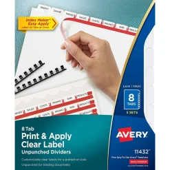 Avery Index Maker Unpunched Paper Dividers with Print & Apply Label Sheets, 8 Tabs, White, 5 Sets/Pack (11432)