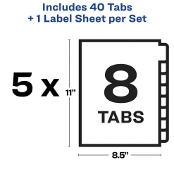 Avery Index Maker Unpunched Paper Dividers with Print & Apply Label Sheets, 8 Tabs, White, 5 Sets/Pack (11432)