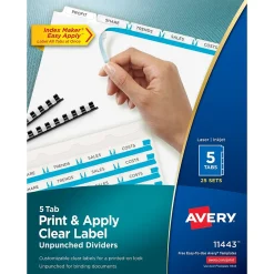 Avery Index Maker Unpunched Paper Dividers with Print & Apply Label Sheets, 5 Tabs, White, 25 Sets/Pack (11443)