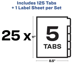 Avery Index Maker Unpunched Paper Dividers with Print & Apply Label Sheets, 5 Tabs, White, 25 Sets/Pack (11443)