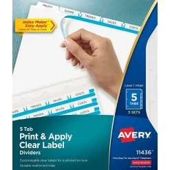 Avery IndexMaker Print & Apply Label Dividers, 5-Tab, Clear, 5/Pack (11436)