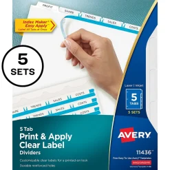 Avery IndexMaker Print & Apply Label Dividers, 5-Tab, Clear, 5/Pack (11436)