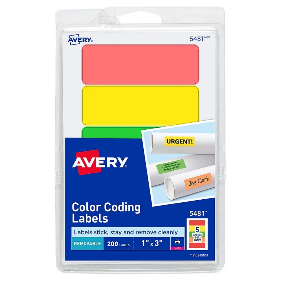 Avery Laser Color Coding Labels on 4" x 6" Sheets, 1" x 3", Assorted Colors, 200 Labels/Pack (5481)
