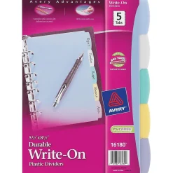 Avery Mini Write & Erase Plastic Blank Dividers, 5-Tab, Assorted Colors, 5/Pack (16180)