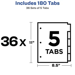 Avery Plain Tab Write-On Paper Dividers, 5 Tabs, Multicolor, 36 Sets/Pack (11508)