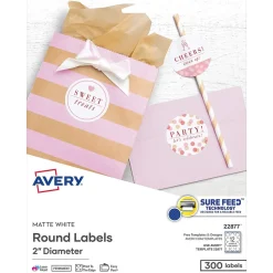 Avery Printable Round Labels with Sure Feed, 2" Dia, Matte White, 300 Labels/Pack (22877)