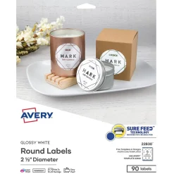Avery Print-to-the-Edge Laser/Inkjet Round Labels, 2 1/2" Dia, Glossy White, 90 Labels/Pack (22830)