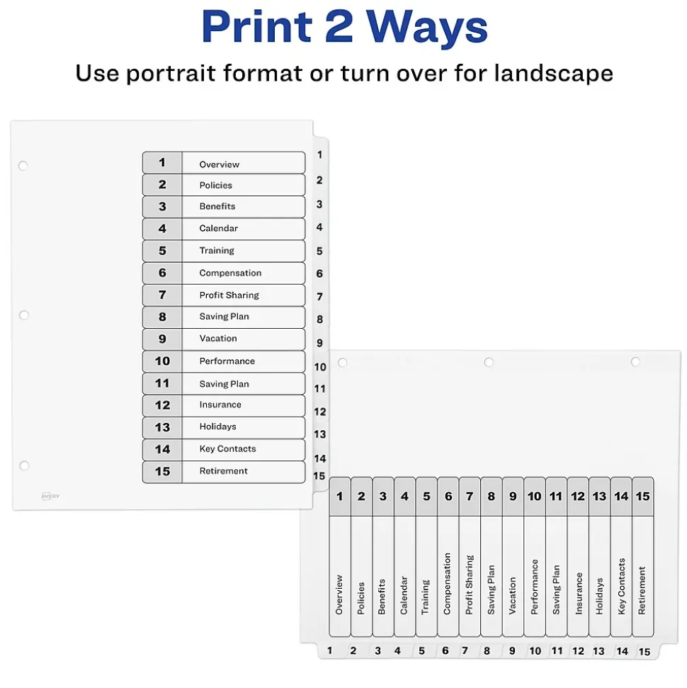 Avery Ready Index Customizable Table Of Contents Preprinted Paper Dividers, 15-Tab, White, 3 Sets/Pack (11079)