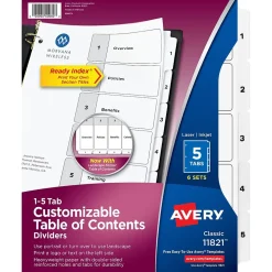 Avery Ready Index Table of Contents Paper Dividers, 1-5 Tabs, White, 6 Sets/Pack (11821)