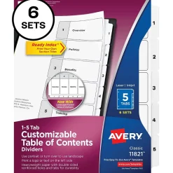 Avery Ready Index Table of Contents Paper Dividers, 1-5 Tabs, White, 6 Sets/Pack (11821)