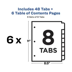Avery Ready Index Table of Contents Paper Dividers, 1-8 Tabs, White, 6 Sets/Pack (11822)