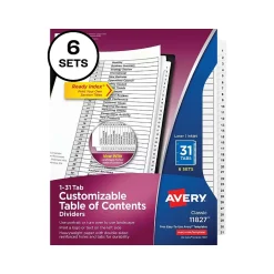 Avery Ready Index Table of Contents Paper Dividers, 1-31 Tabs, White, 6 Sets/Pack (11827)