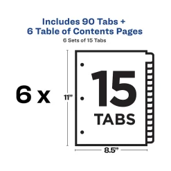 Avery Ready Index Table of Contents Paper Dividers, 1-15 Tabs, White, 6 Sets/Pack (11825)