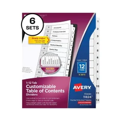 Avery Ready Index Table of Contents Paper Dividers, 1-12 Tabs, White, 6 Sets/Pack (11824)