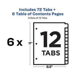 Avery Ready Index Table of Contents Paper Dividers, 1-12 Tabs, White, 6 Sets/Pack (11824)