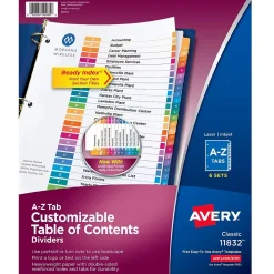 Avery Ready Index Table of Contents Pre-Printed Paper Divider, A-Z Tabs , Multicolor, 6 Sets (11832)
