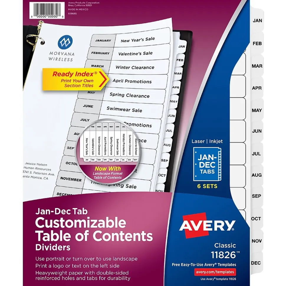 Avery Ready Index Table of Contents Pre-Printed Monthly Paper Divider, Jan-Dec, Multicolor, 6 Sets (11830)