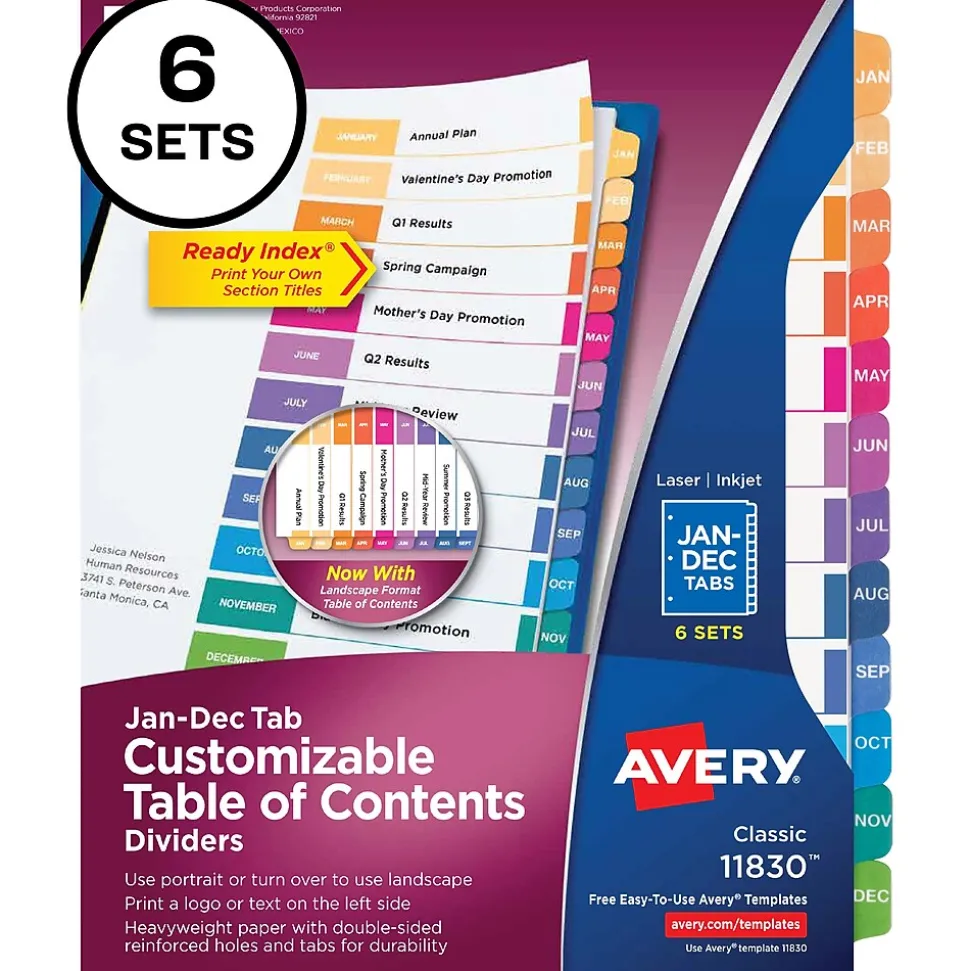 Avery Ready Index Table of Contents Pre-Printed Monthly Paper Divider, Jan-Dec, Multicolor, 6 Sets (11830)