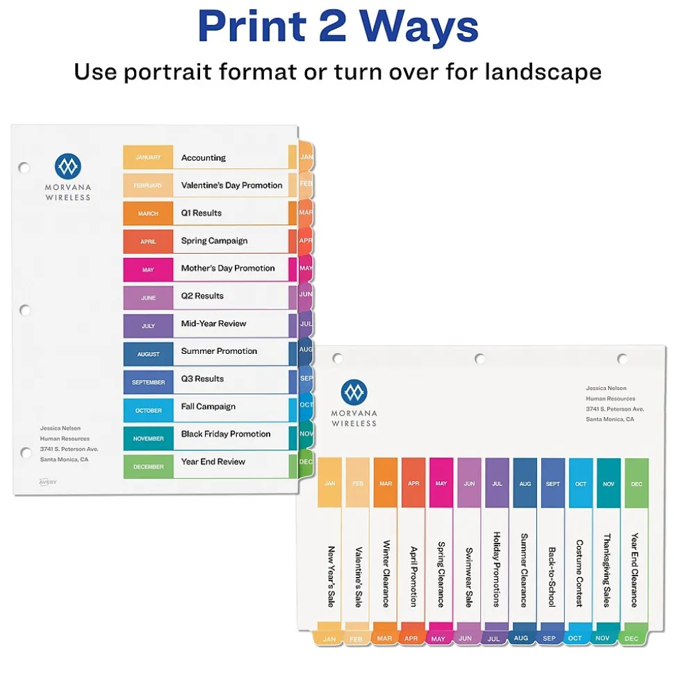 Avery Ready Index Table of Contents Pre-Printed Monthly Paper Divider, Jan-Dec, Multicolor, 6 Sets (11830)