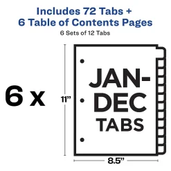 Avery Ready Index Table of Contents Pre-Printed Monthly Paper Divider, Jan-Dec, Multicolor, 6 Sets (11830)