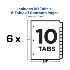 Avery Ready Index Table of Contents Paper Dividers, 1-10 Tabs, White, 6 Sets/Pack (11823)