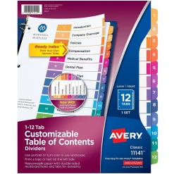 Avery Ready Index Table of Contents Pre-Printed Numeric Paper Divider, 12 Tabs, Multicolor, 1 Set (11141)