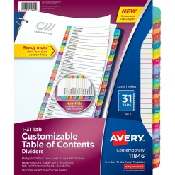 Avery Ready Index Table of Contents Paper Dividers, 1-31 Tabs, Contemporary Multicolor (11846)