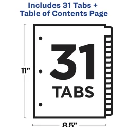 Avery Ready Index Table of Contents Paper Dividers, 1-31 Tabs, Contemporary Multicolor (11846)