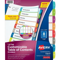 Avery Ready Index Table of Contents Paper Dividers, 1-8 Tabs, Contemporary Multicolor (11841)