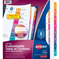 Avery Ready Index Table of Contents Extra-Wide Paper Dividers, 1-8 Tab, Multicolor (11163)