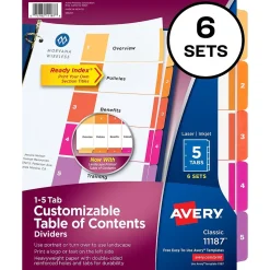 Avery Ready Index Table of Contents Paper Dividers, 1-5 Tabs, Multicolor, 6 Sets/Pack (11187)