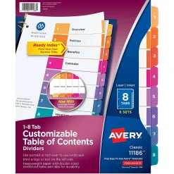 Avery Ready Index Table of Contents Pre-Printed Numeric Paper Divider, 8 Tabs, Multicolor, 6 Sets (11186)