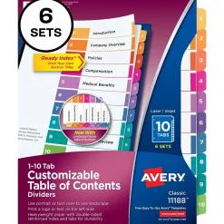 Avery Ready Index Table of Contents Paper Dividers, 1-10 Tabs, Multicolor, 6 Sets/Pack (11188)