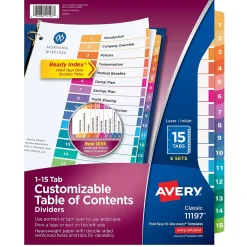 Avery Ready Index Table of Contents Paper Dividers, 1-15 Tabs, Multicolor, 6 Sets/Pack (11197)