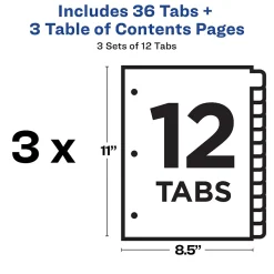 Avery Ready Index Table of Contents EcoFriendly Paper Dividers, 1-12 Tabs, Multicolor, 3 Sets/Pack (11083)