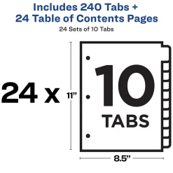 Avery Ready Index Table of Contents Paper Dividers, 1-10 Tabs, Multicolor, 24 Sets/Box (11169)