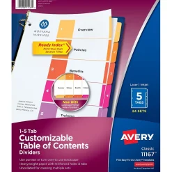 Avery Ready Index Table of Contents Paper Dividers, 1-5 Tabs, Multicolor, 24 Sets/Box (11167)