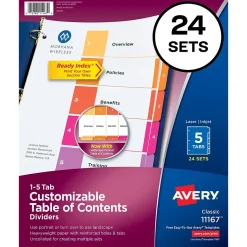 Avery Ready Index Table of Contents Paper Dividers, 1-5 Tabs, Multicolor, 24 Sets/Box (11167)