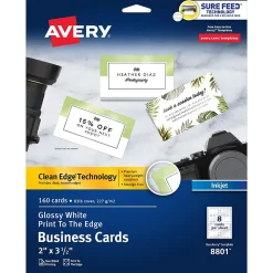 Avery Sure Feed Business Cards, 2" x 3.5", Glossy White, 8 Cards/Sheet, 20 Sheets/Pack, 160 Cards/Pack (8801)