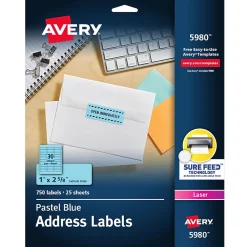Avery Sure Feed Laser Address Labels, 1" x 2 5/8", Pastel Blue, 750 Labels/Pack (5980)