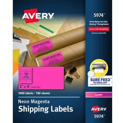 Avery Sure Feed Laser Shipping Labels, 2"x 4", Neon Magenta, 1,000 Labels/Box (5974)