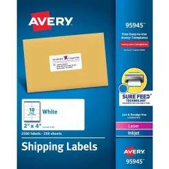 Avery Sure Feed Laser/Inkjet Shipping Labels, 2" x 4", Matte White, 2,500 Labels/Box (95945)