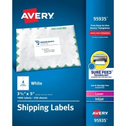 Avery Sure Feed Laser/Inkjet Shipping Labels, 3-1/2" x 5", White, 1,000 Labels/Box (95935)