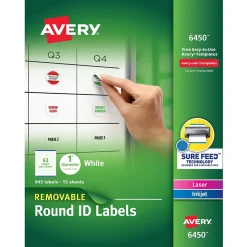Avery Sure Feed Laser/Inkjet Multipurpose Labels, 1" Dia, White, 945 Labels/Pack (6450)